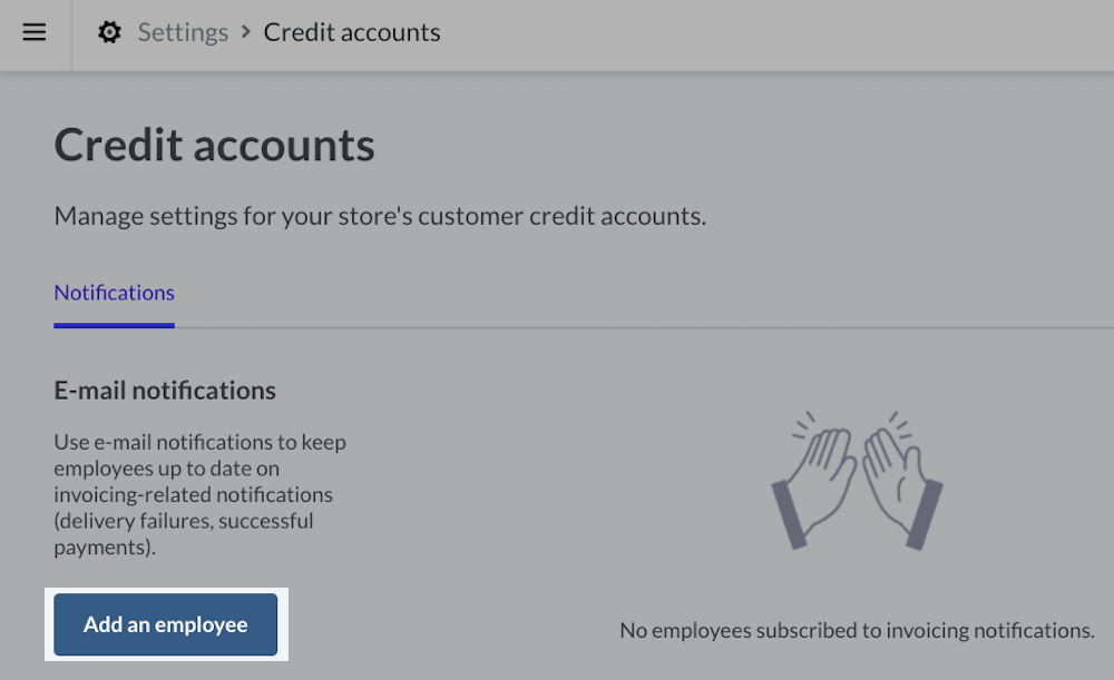 Credit
    accounts notifications settings with Add an employee highlighted.