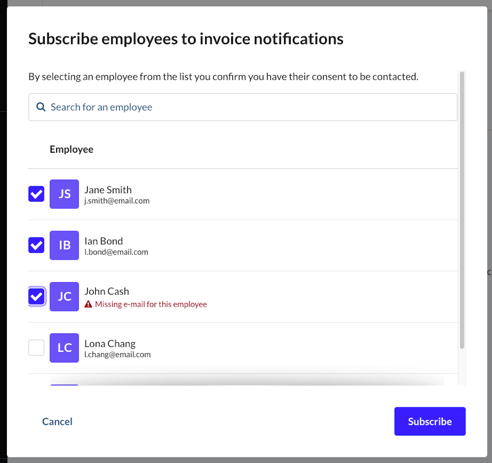 Employee
    list with checkboxes clicked beside employees.