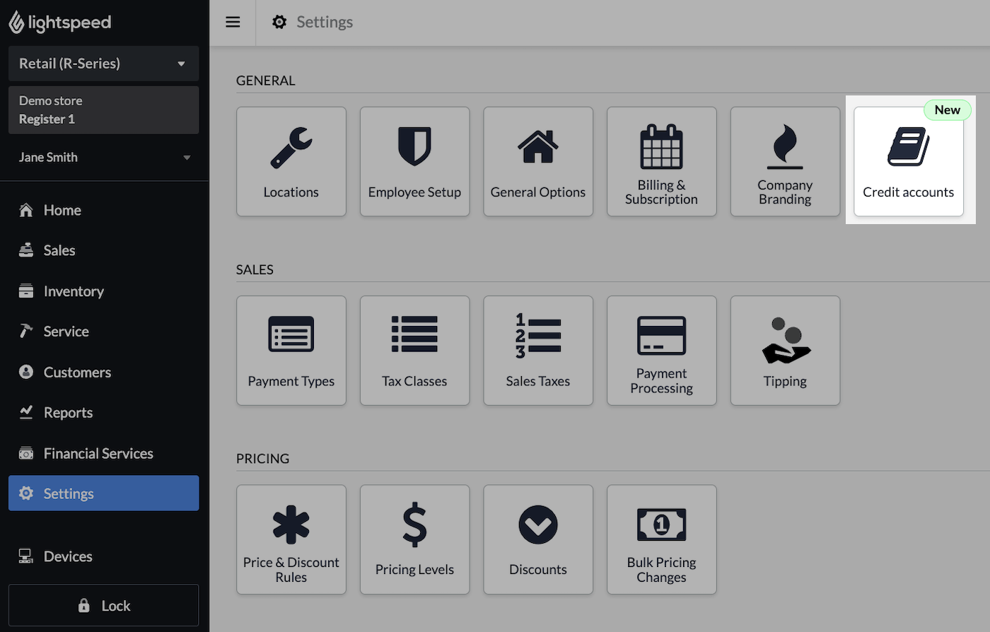 Settings
    page with Credit accounts tile highlighted.
