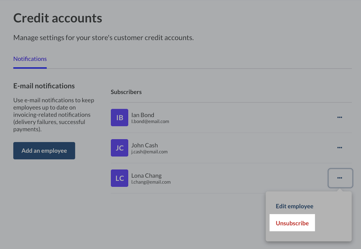 Three
  dots menu clicked with Unsubscribe highlighted.