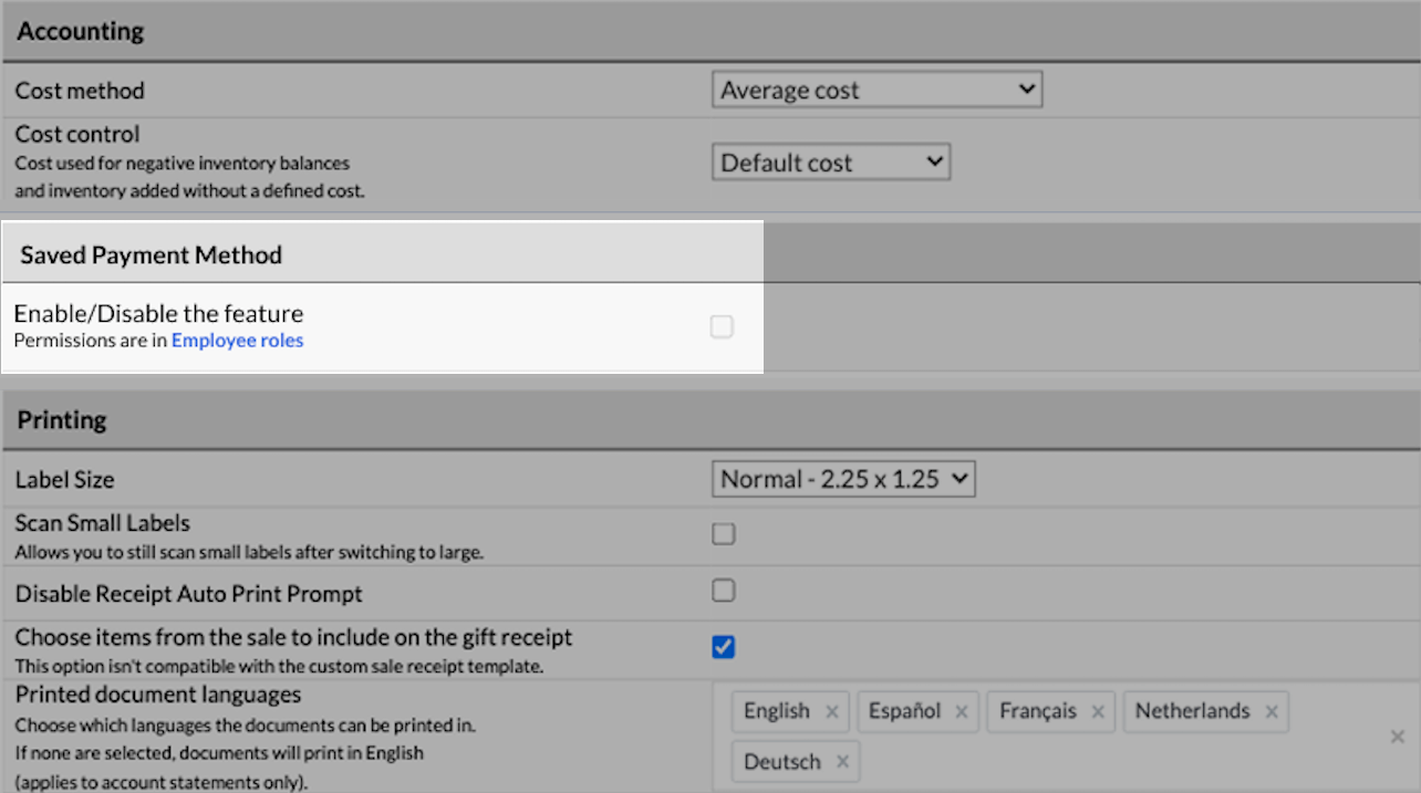 General
    options page with Saved payment method section and Enable/disable feature checkbox
    highlighted.
