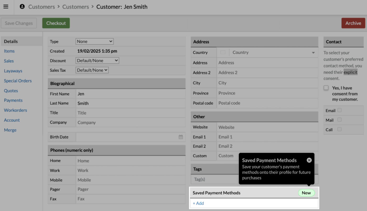 Customer
    profile page with Saved payment methods section highlighted.