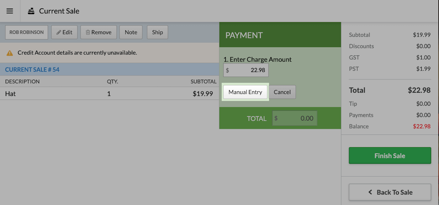 Sales
    screen with Manual Entry button highlighted.