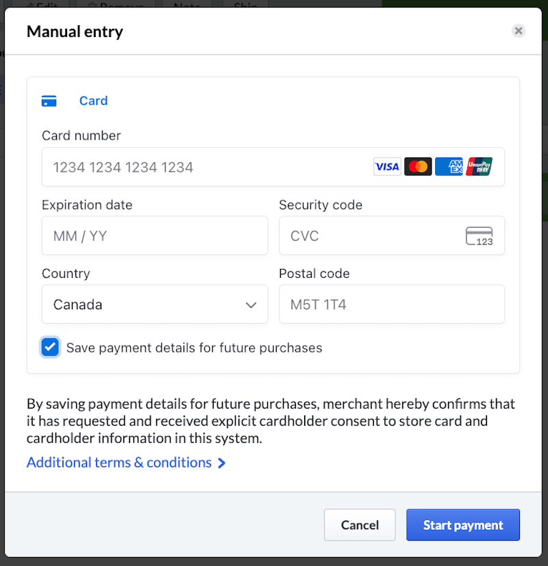 Card
    details page with fields to enter card information and a checkbox to save
    payment details for further purchases.