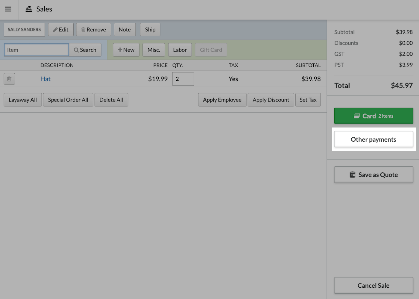 Sales
    screen with Other payments button highlighted.