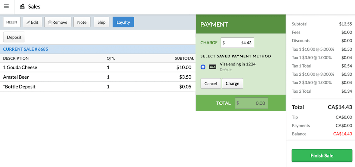 Sales
    screen with saved card selected.