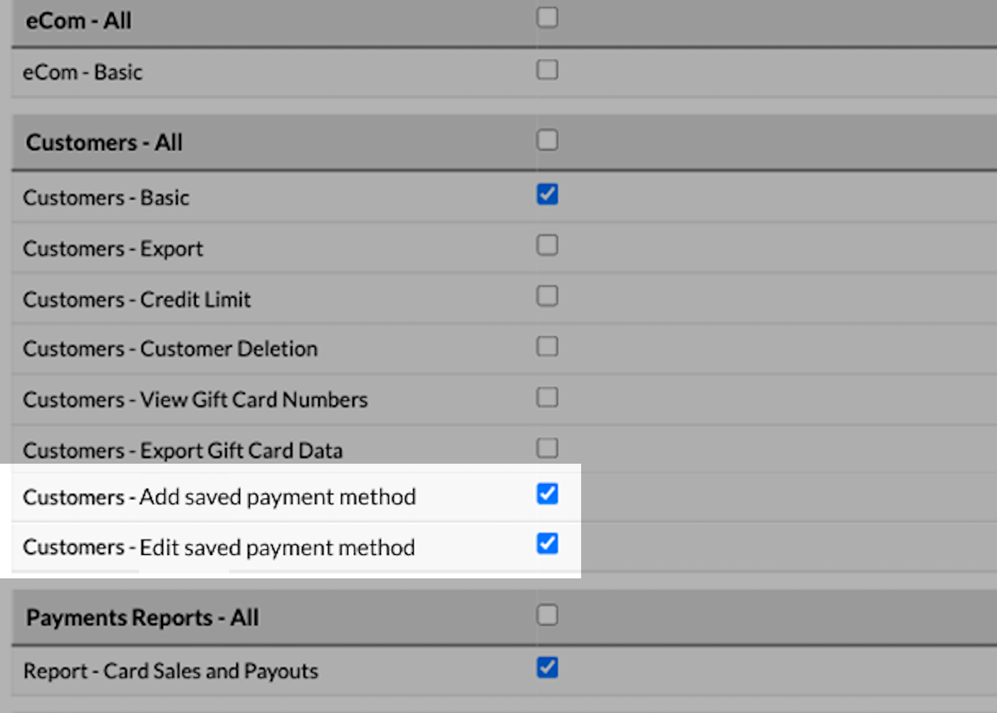 Employee
    roles settings with Add payment method and Edit payment method checkboxes highlighted.