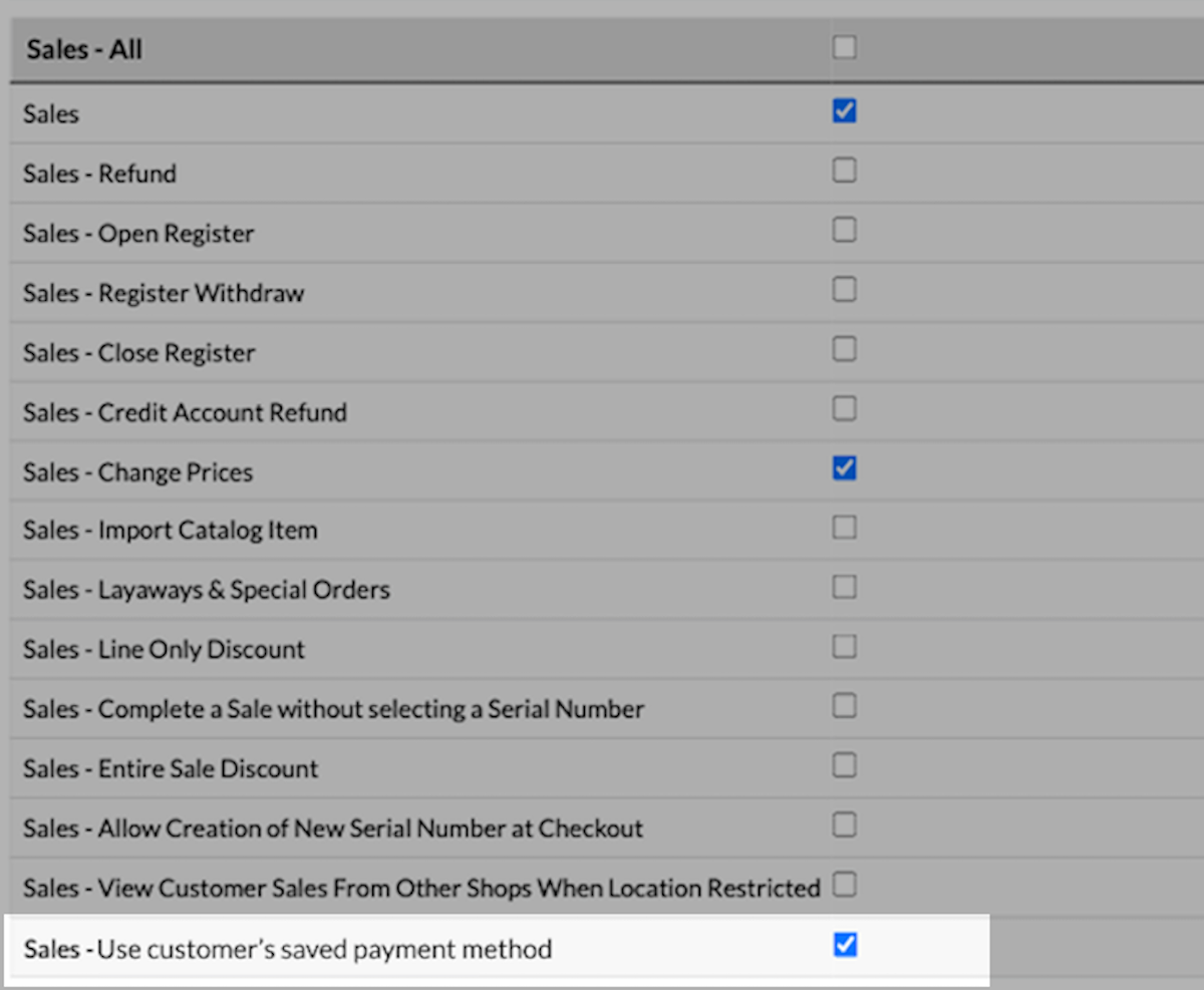 Employee
    roles settings with Use customer's saved payment method checkbox highlighted.