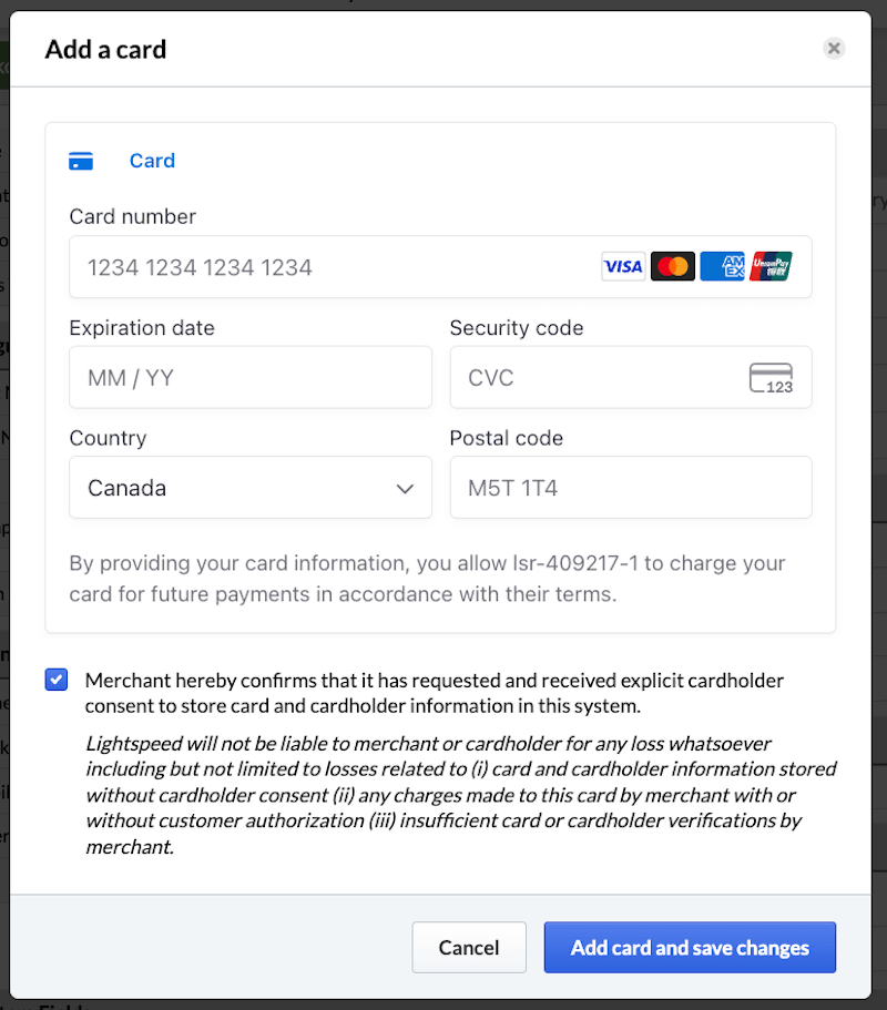 Card
    details page with fields to fill in card details and checkbox to confirm
    you have the cardholder's permission to save the card.
