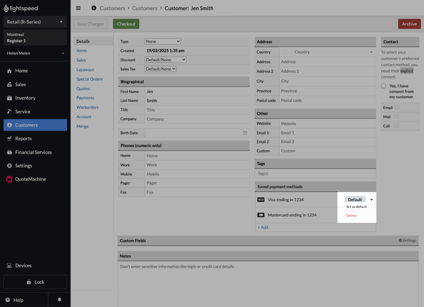 Saved
  card section with dropdown showing Set as Default and Delete Card options.