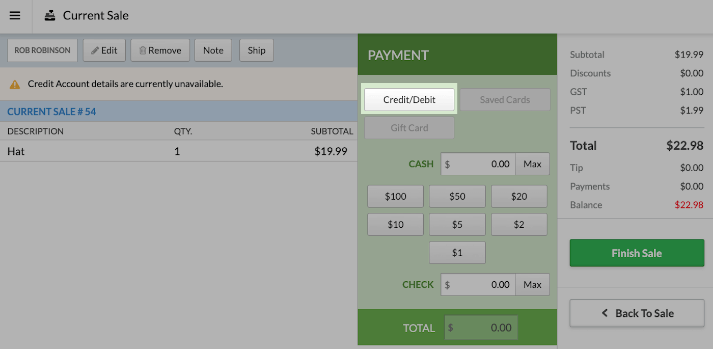 Sales
    screen with Credit/Debit button highlighted.