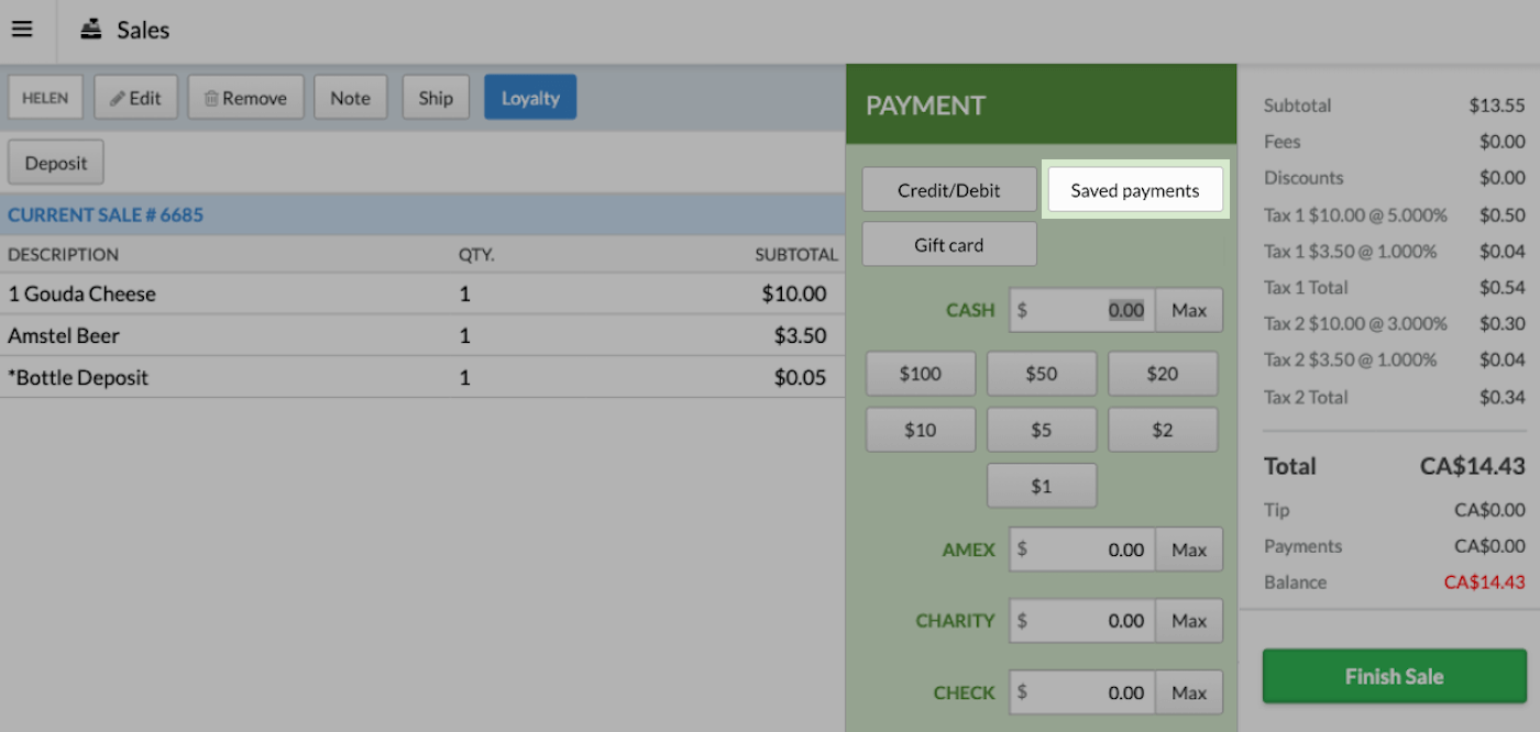 Sales
    screen with Saved payments button highlighted.