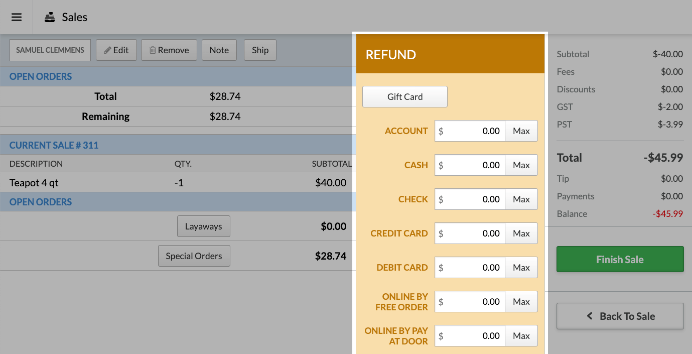 The Sales page highlighting the Refund section.