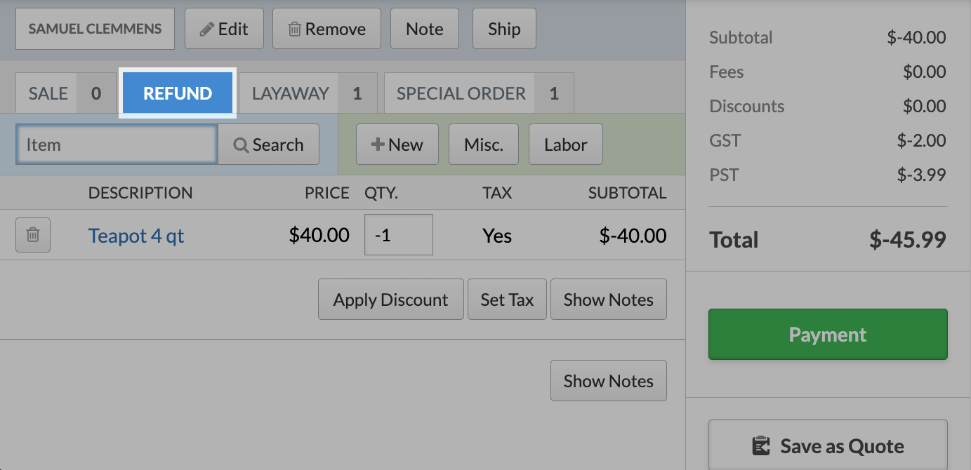 The Sales page highlighting the Refund tab.