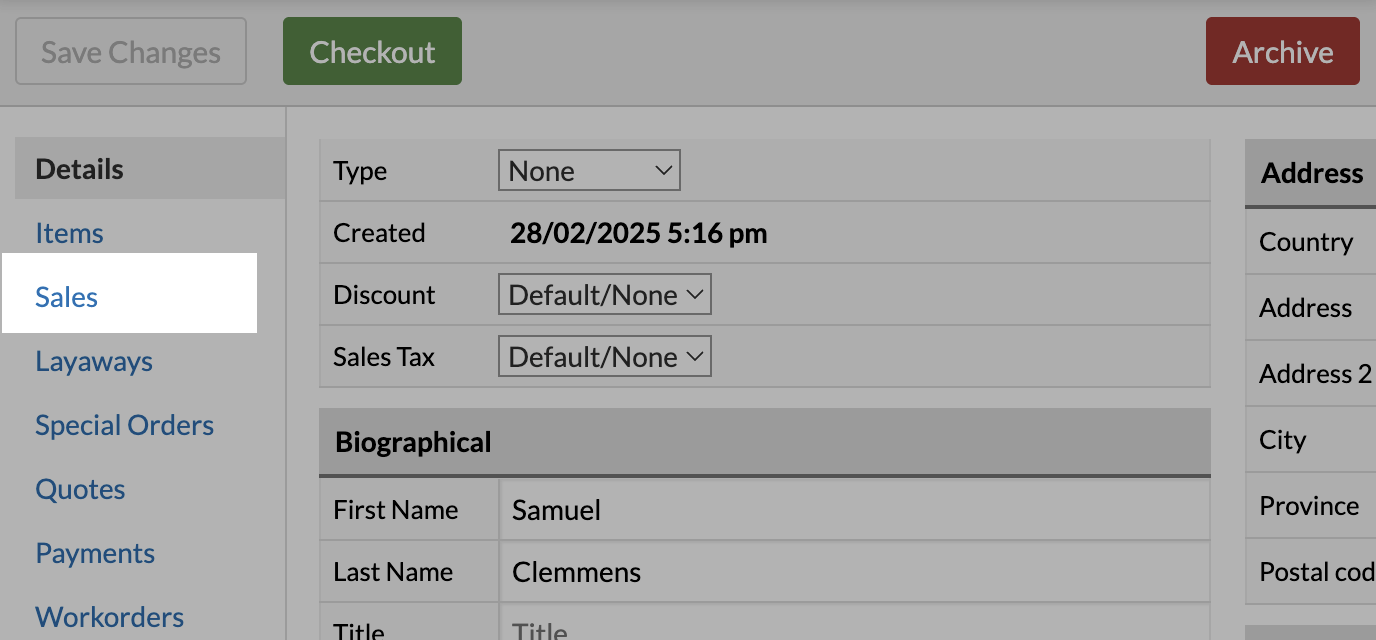 A customer page highlighting the Sales tab.