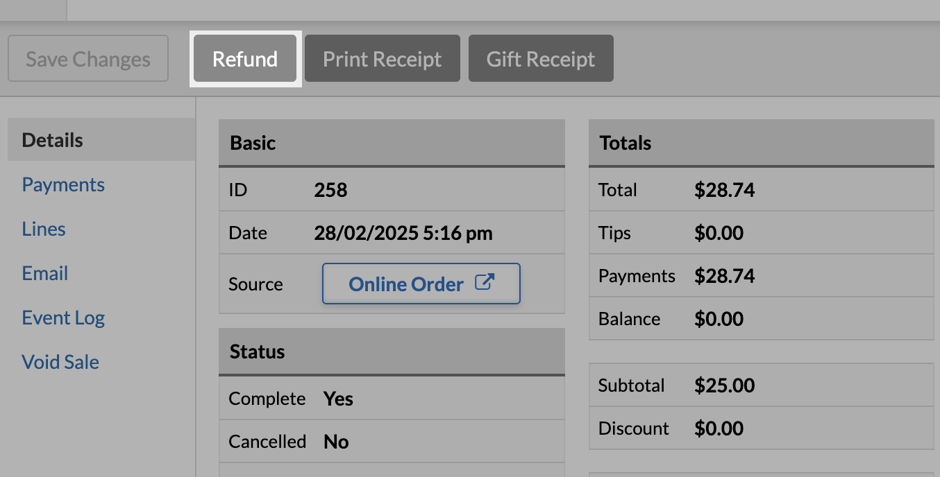 A sale page highlighting the Refund button.
