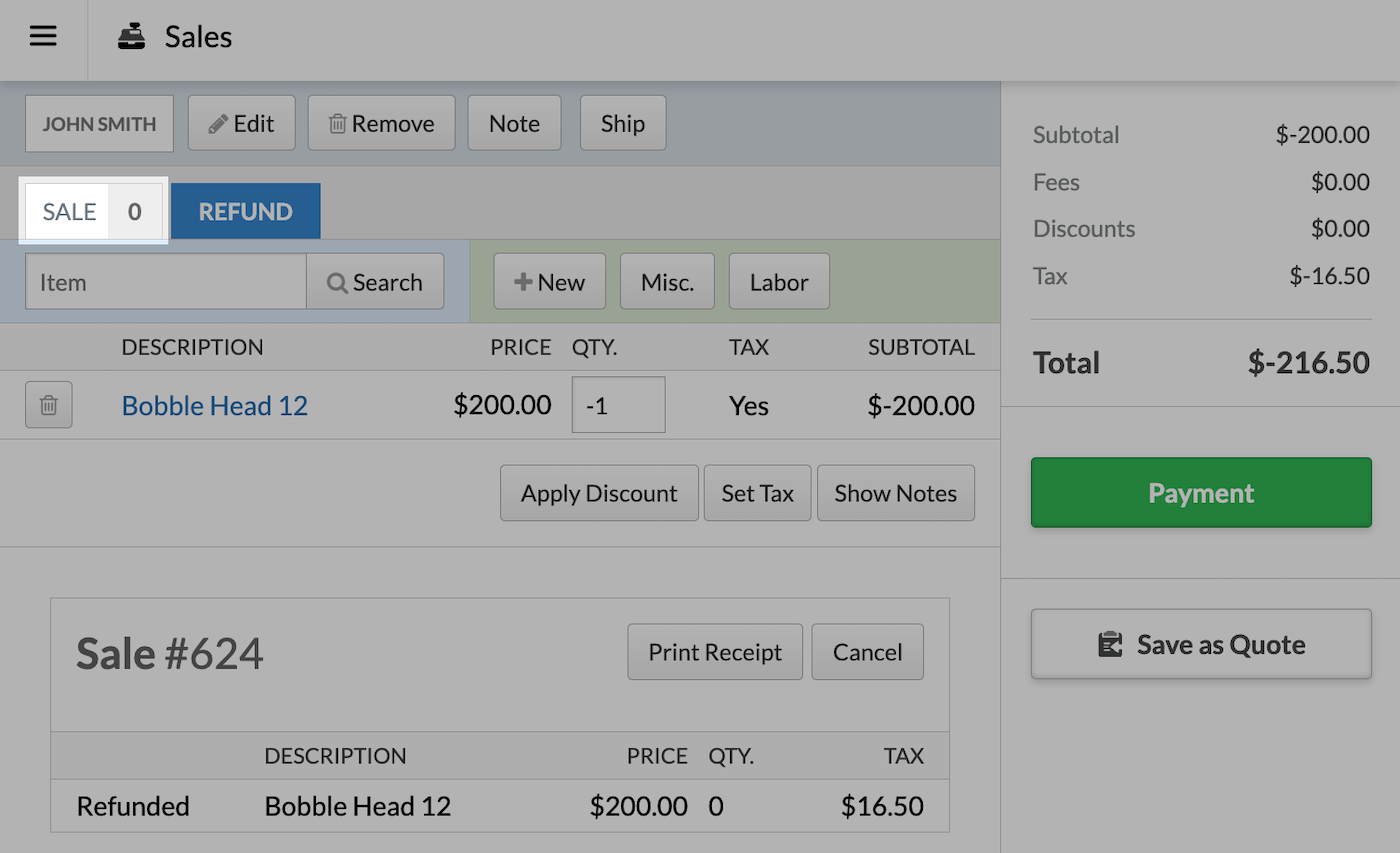 The Sales page highlighting the Sale tab.