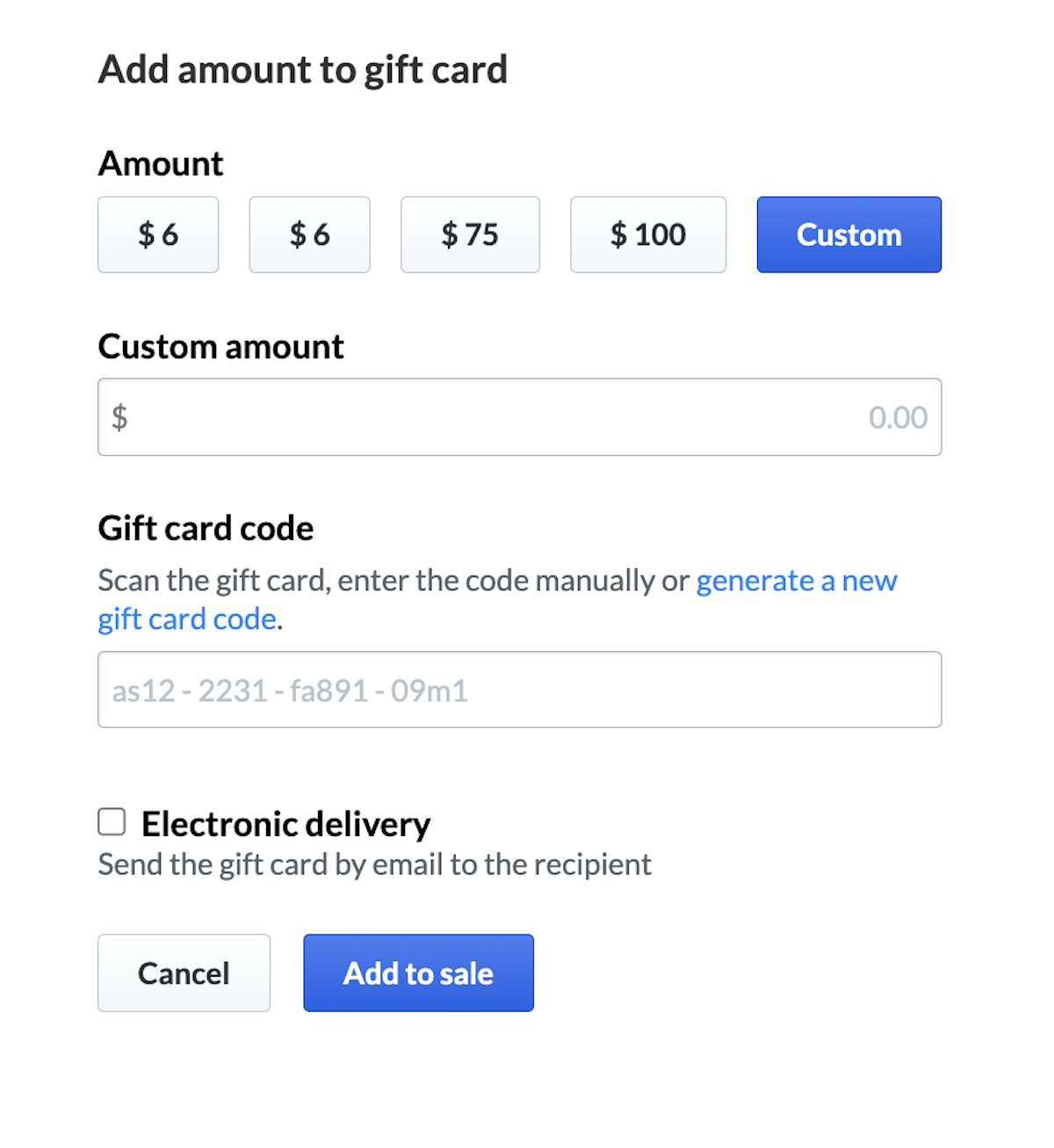 The Gift card window showing gift card setup details.