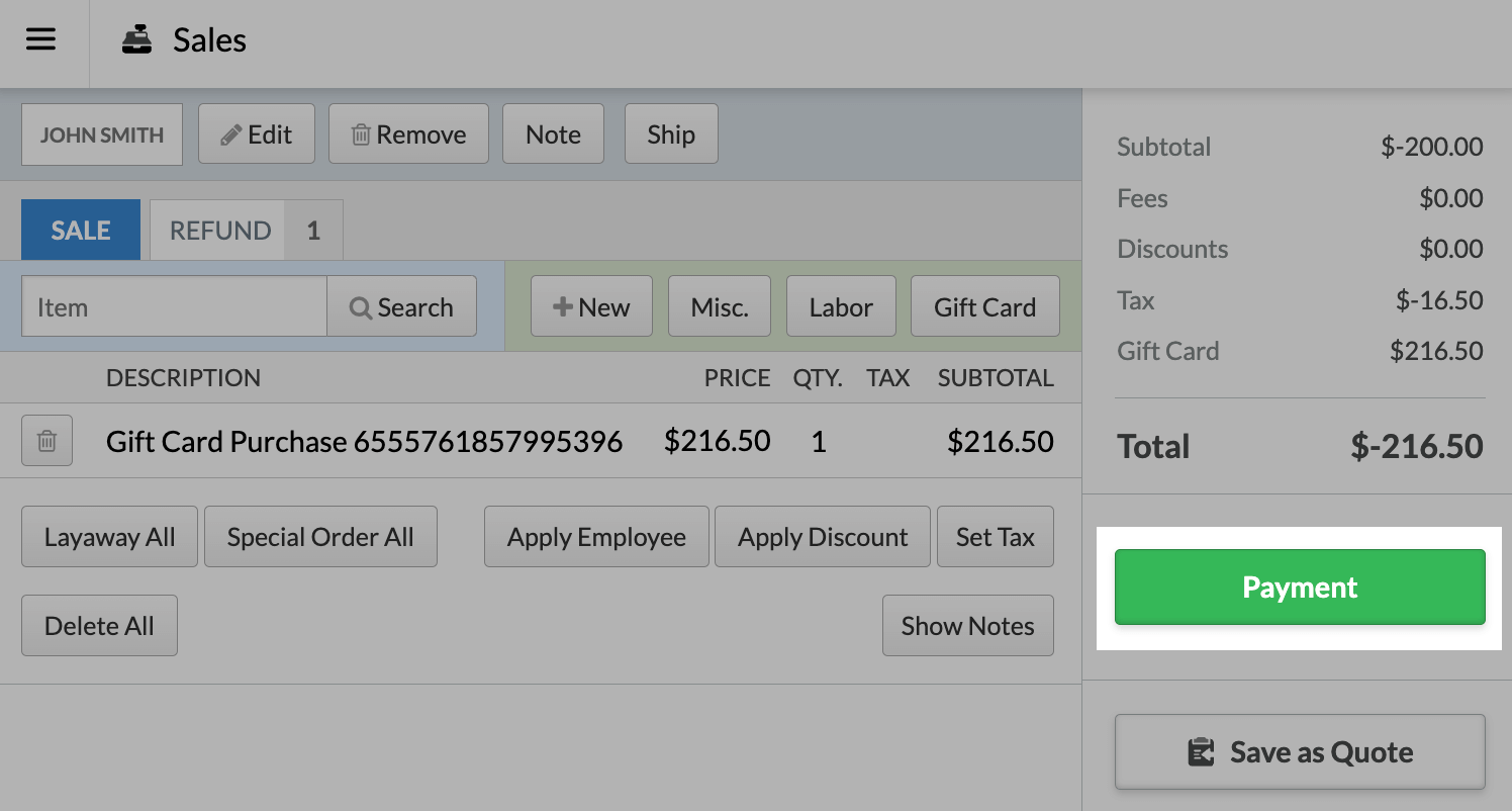 A refund highlighting the Payment button.