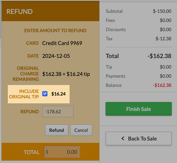 A refund highlighting the Include original tip checkbox.