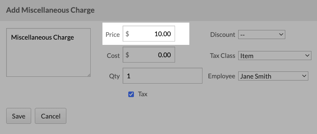 The Add Miscellaneous Charge options, highlighting the Price.