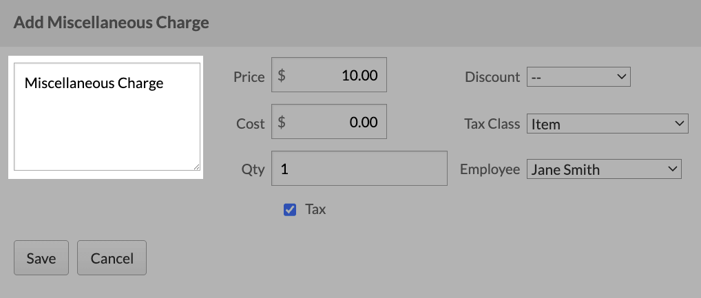 The Add Miscellaneous Charge options, highlighting the field to add a note.