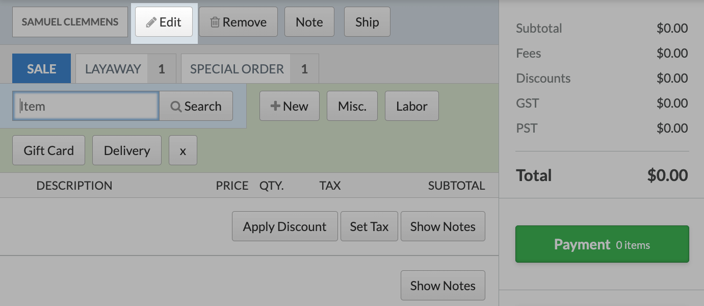 A sale with a customer added, highlighting the Edit button.