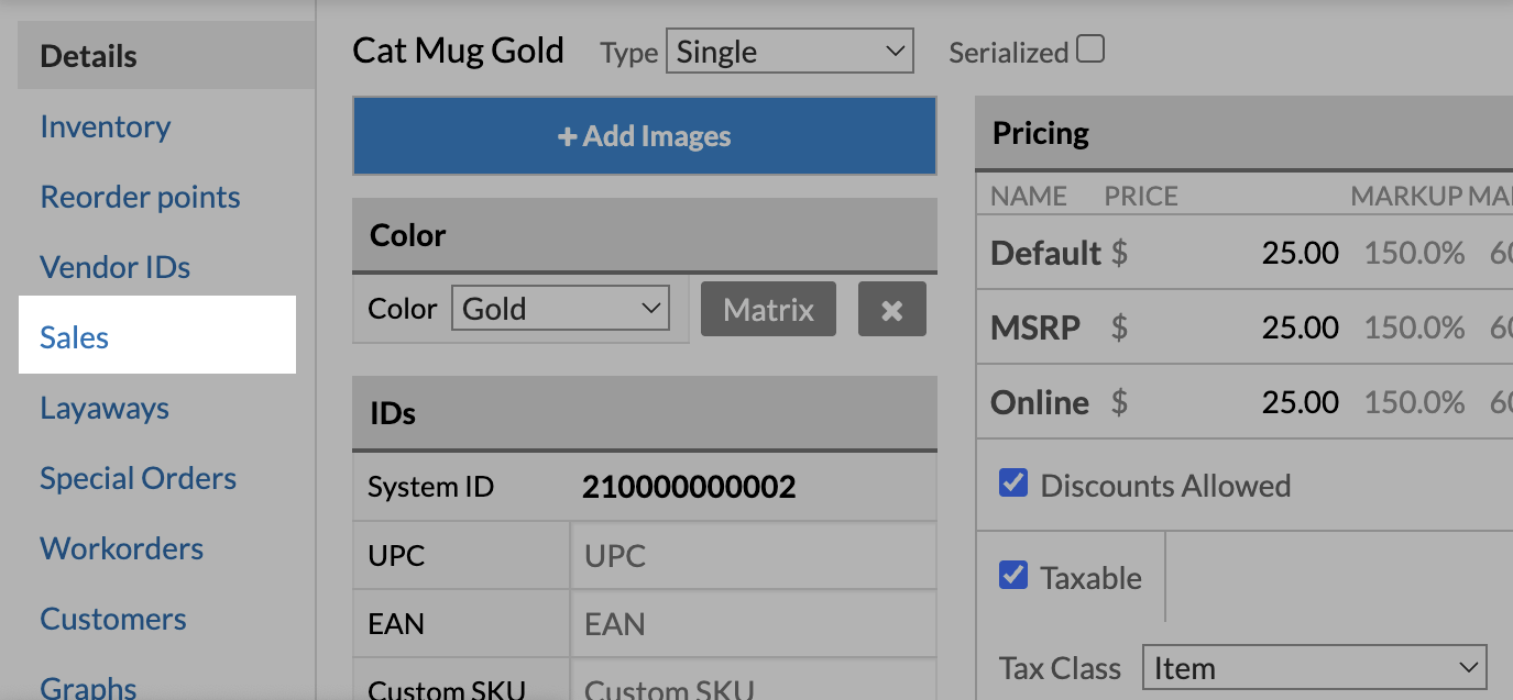 An item page highlighting the Sales tab.