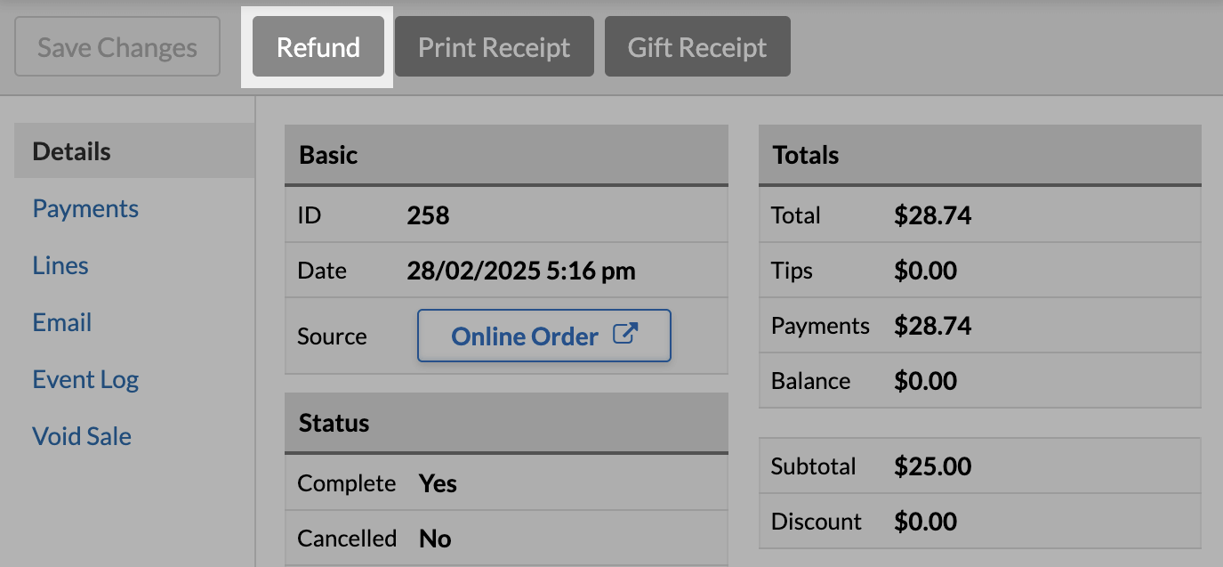A Sale page highlighting the refund button.