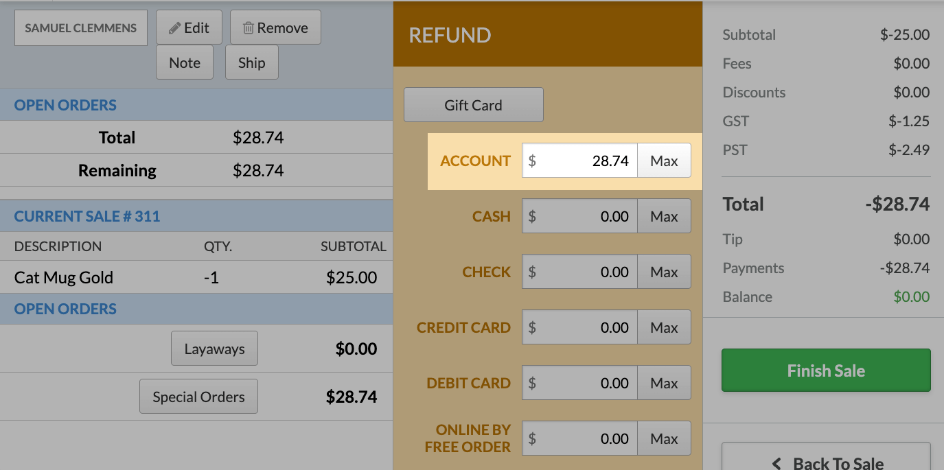 A refund highlighting the Account payment method.