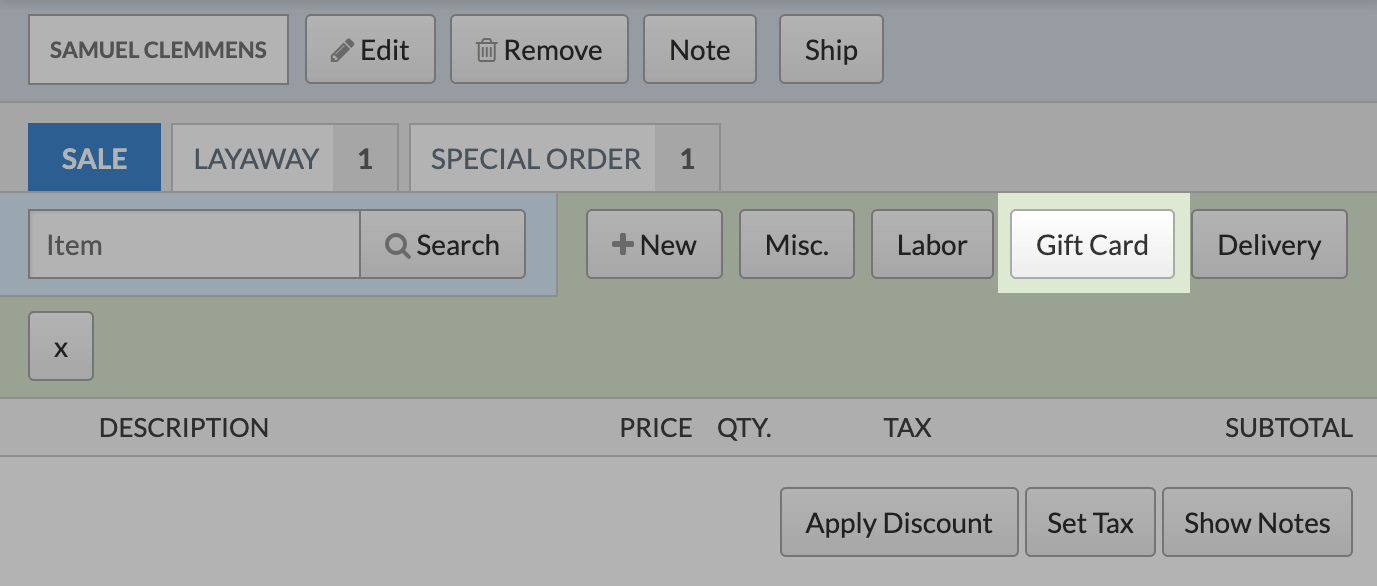 The Sale tab highlighting the Gift Card button.