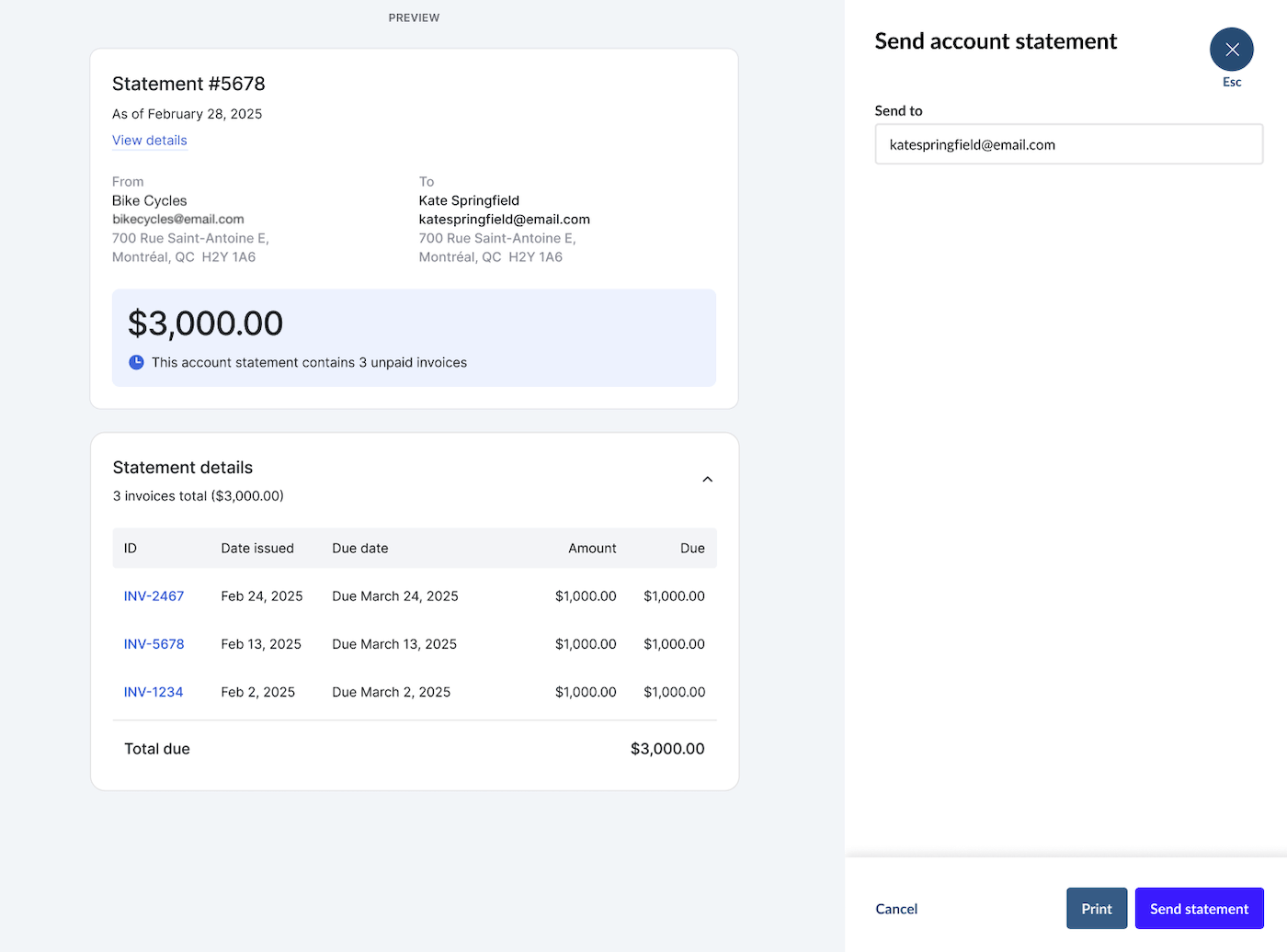 Statement preview page with statement details.