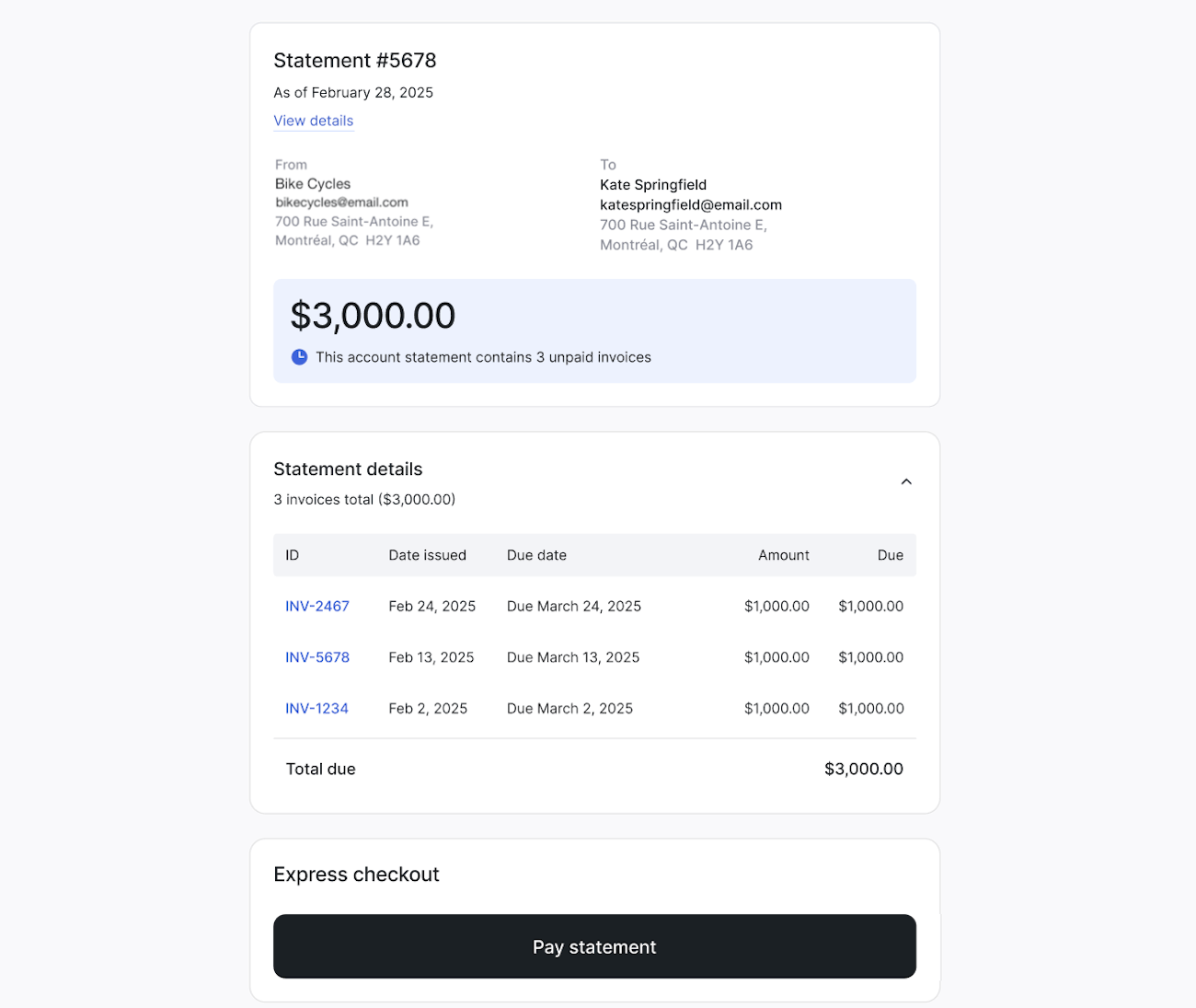Customer account statement with button to access payment form.