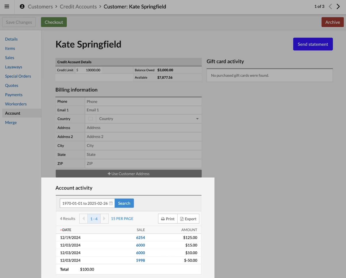 Account activity on the Customer page.