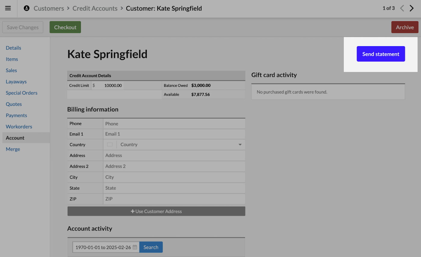 Send statement button on the Account tab.