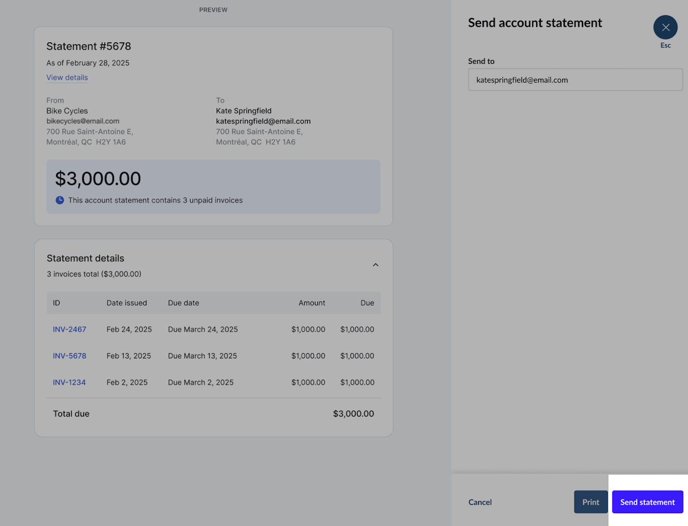 Statement preview window with Send statement button.
