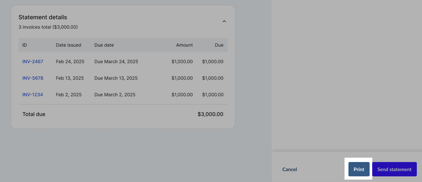 Statement preview window with Print button.