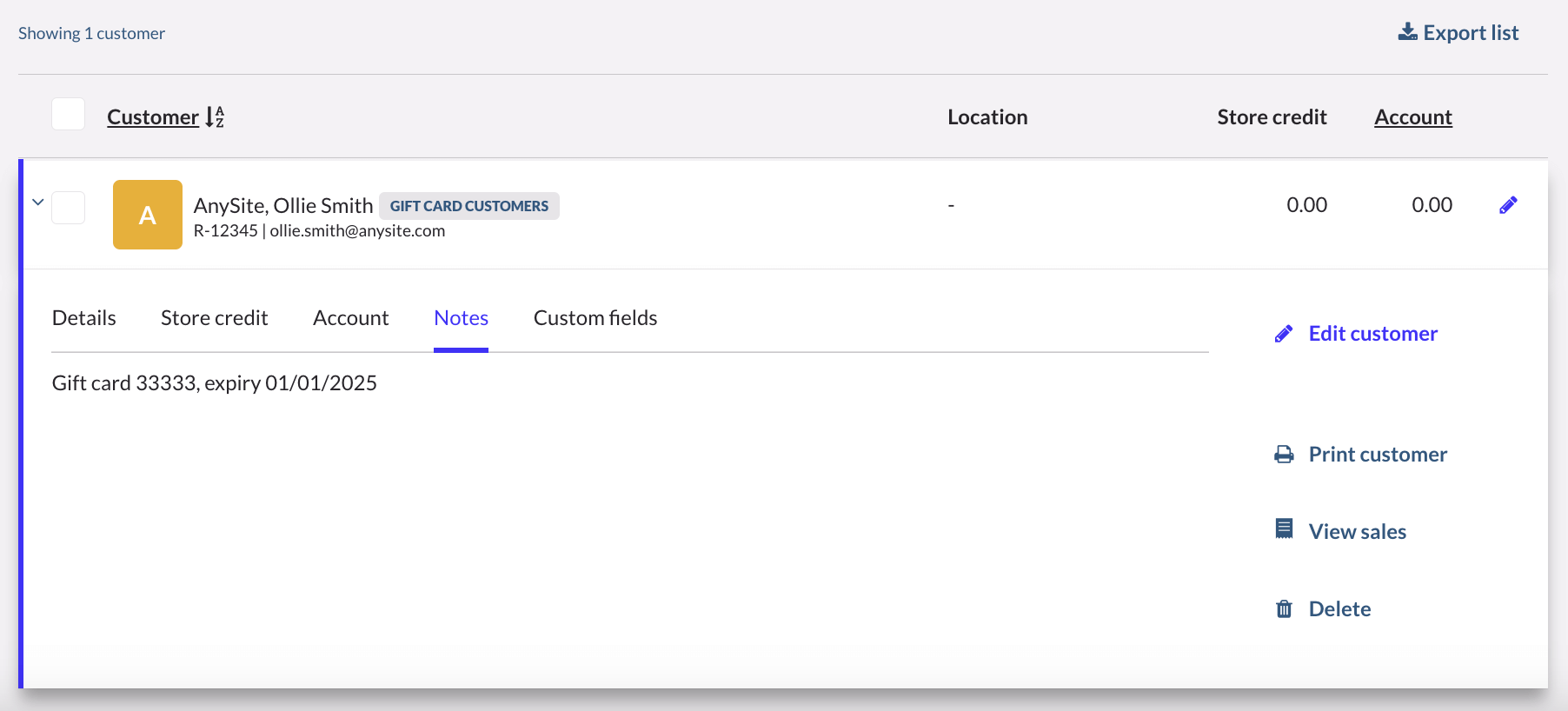 Customer details showing Notes tab with gift card information entered.