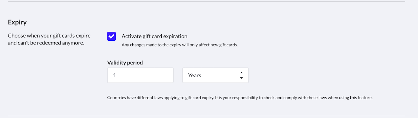Expiry options section of Gift cards page.