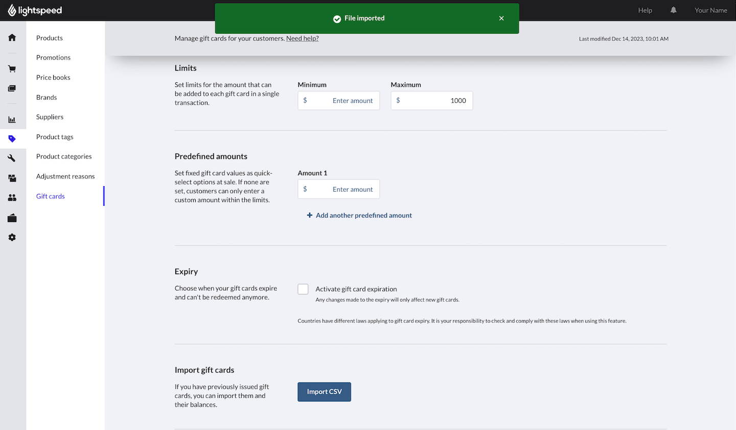 Gift cards page showing temporary banner stating File imported.