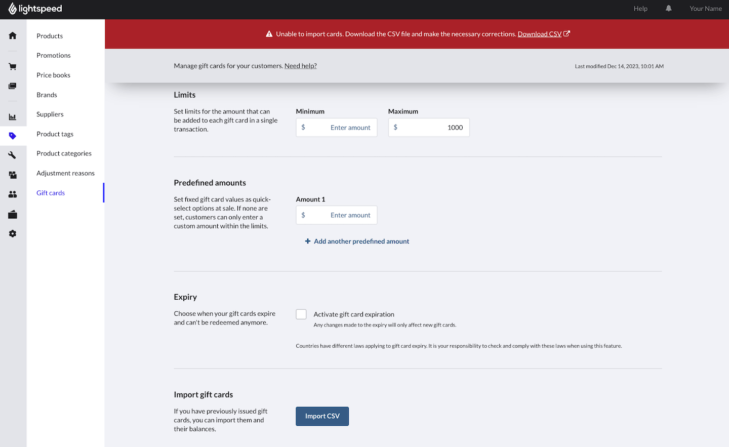 Gift cards page showing banner stating that cards were not imported, with option to Download CSV.