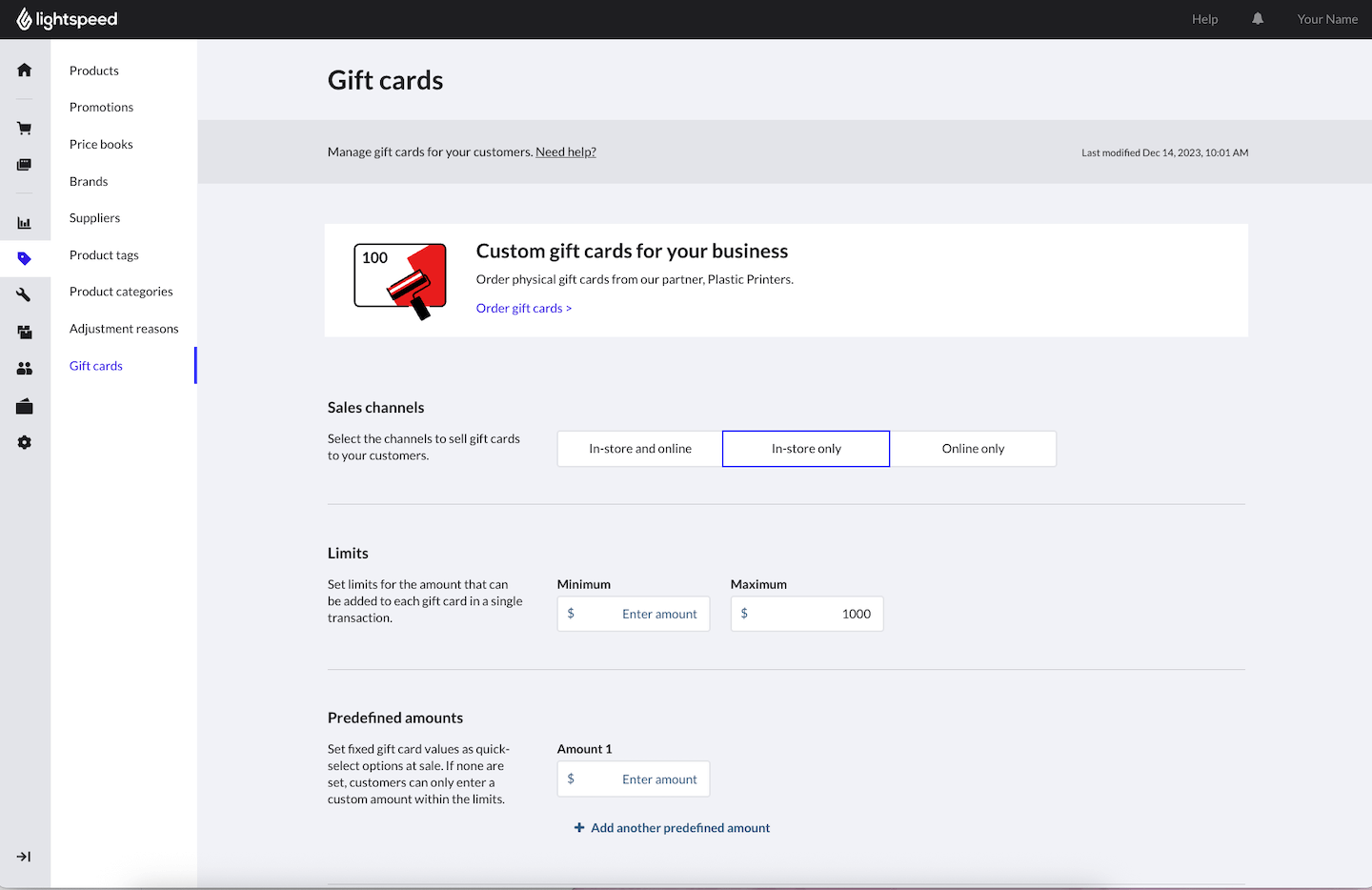 Gift cards page showing gift card settings options.