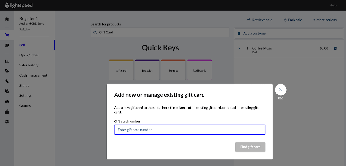 Sell screen with pop-up to Add new or manage existing gift card.