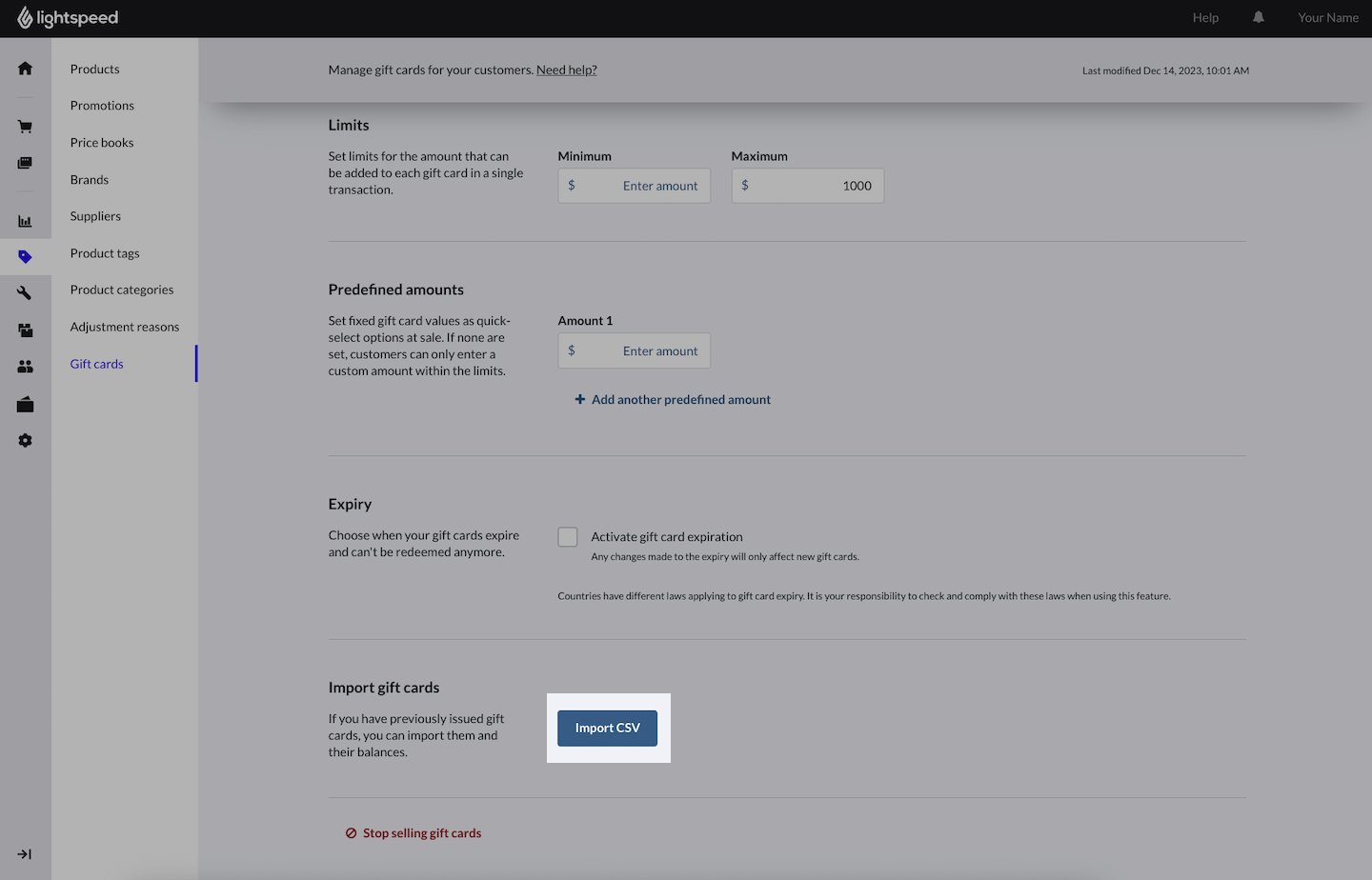Gift cards page in X-Series with Import CSV button emphasized.