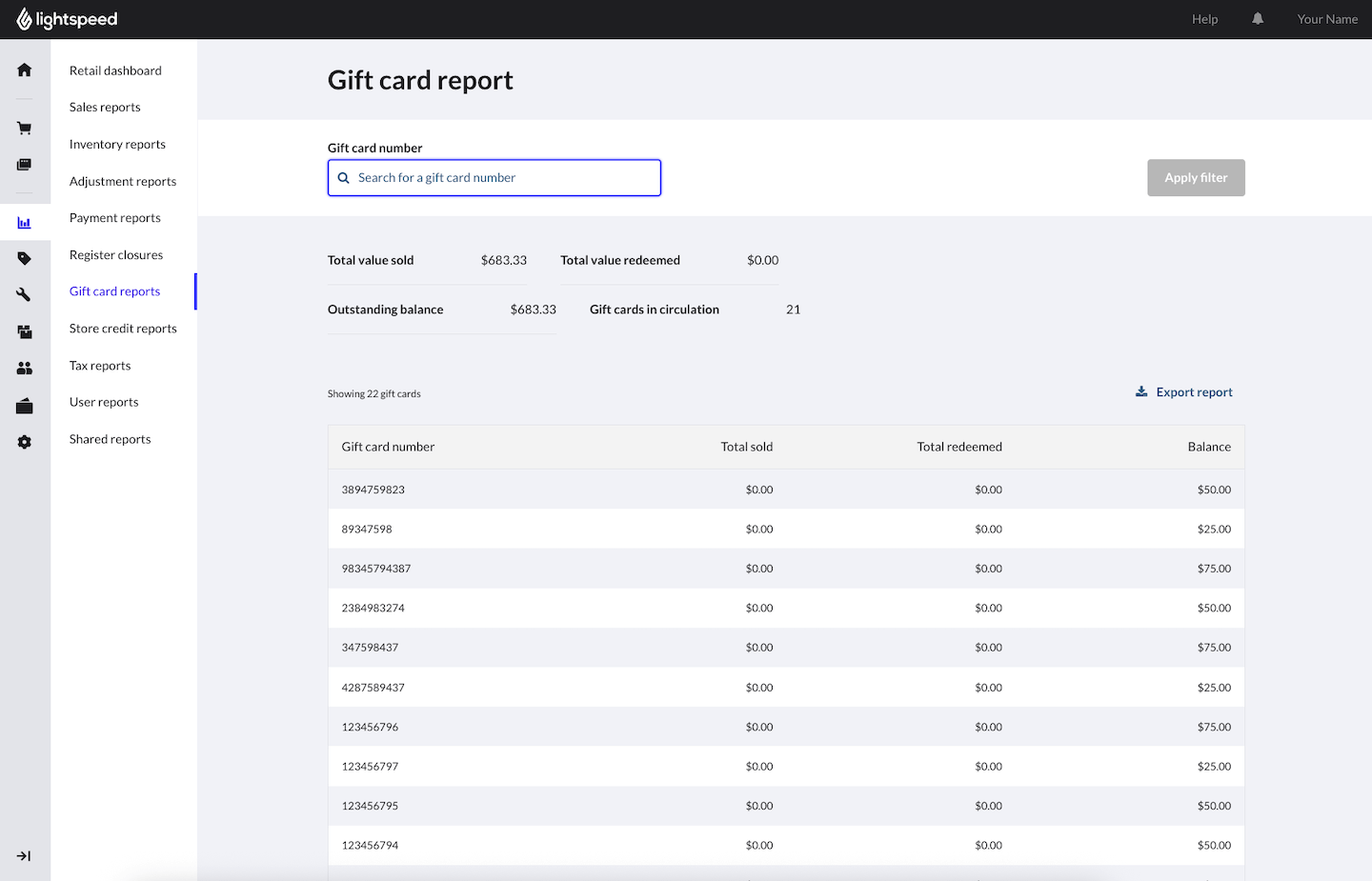 Gift card report page.