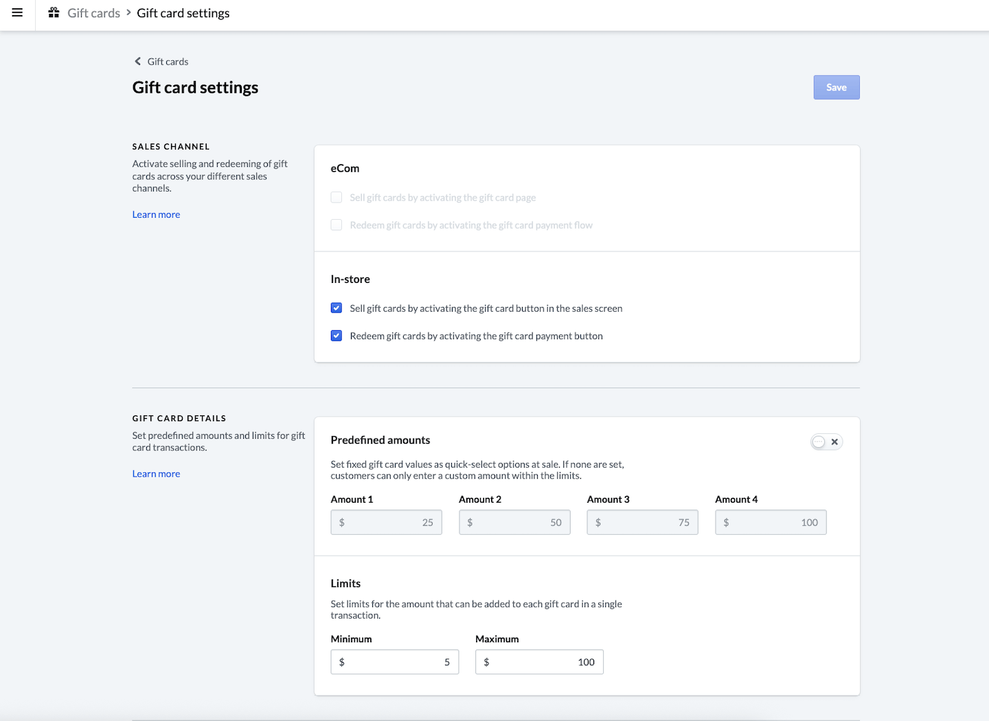 Gift card settings page.