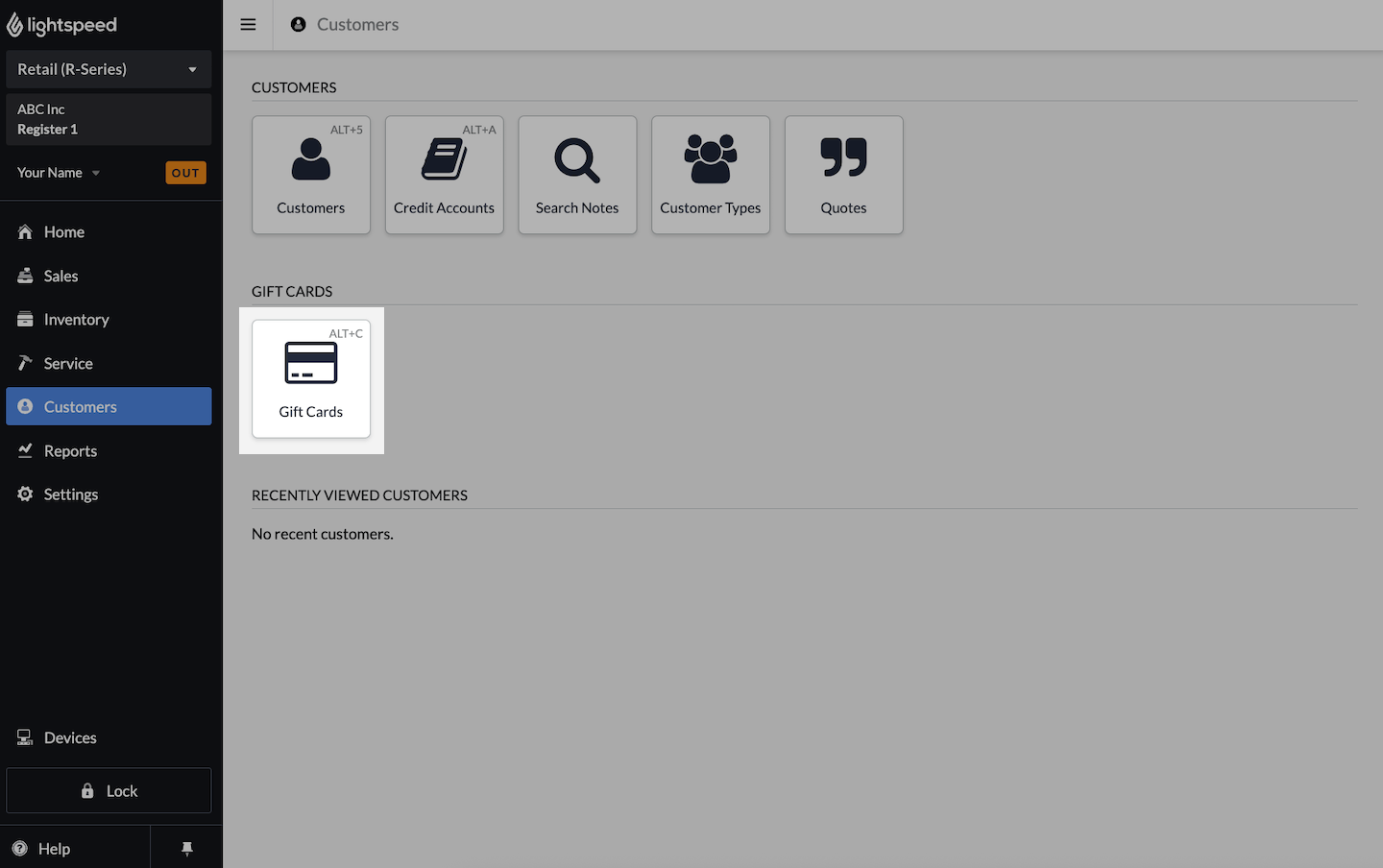 Customers page with Gift Card option emphasized.