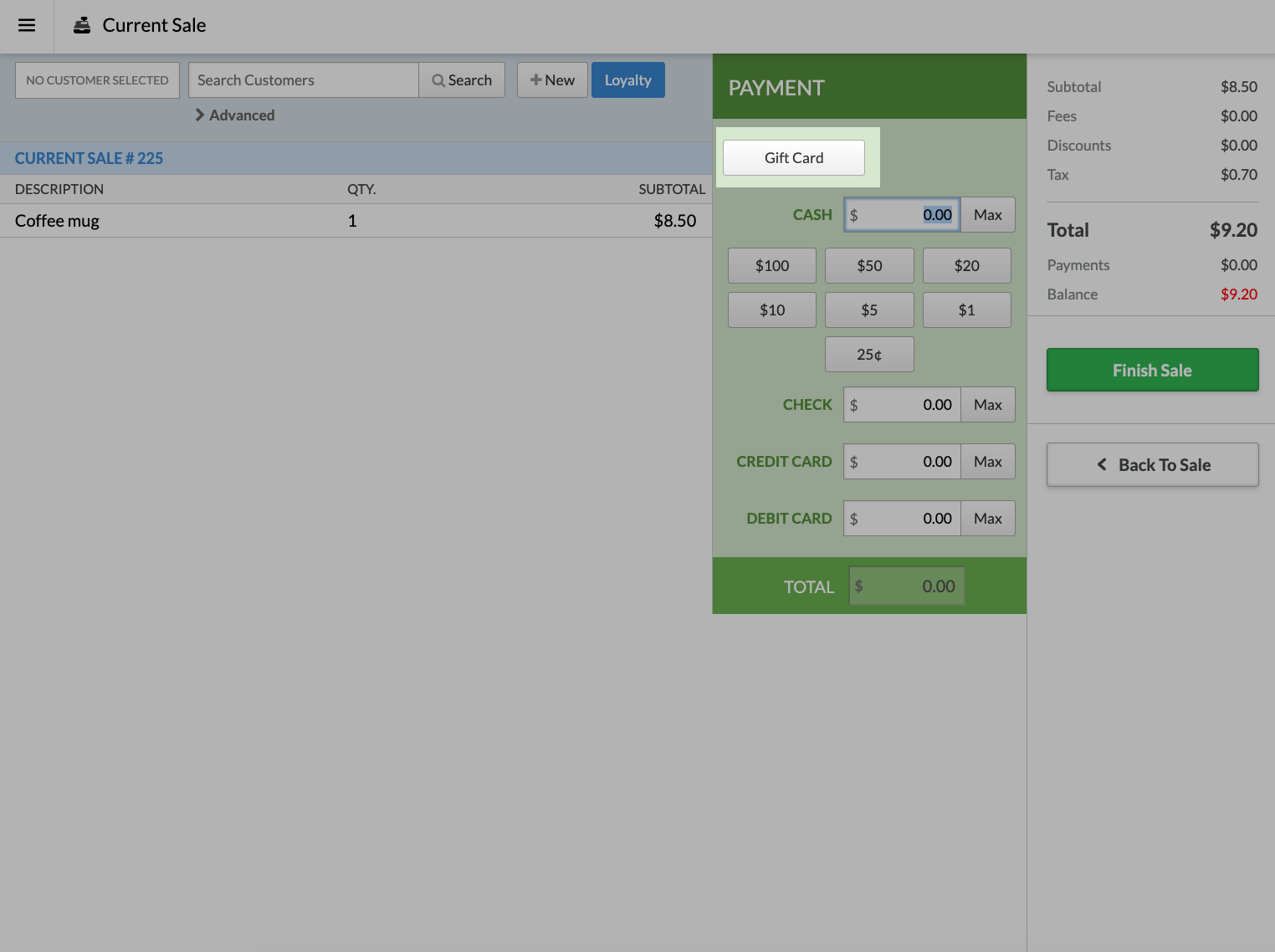 Sale page with Gift Card payment option emphasized.