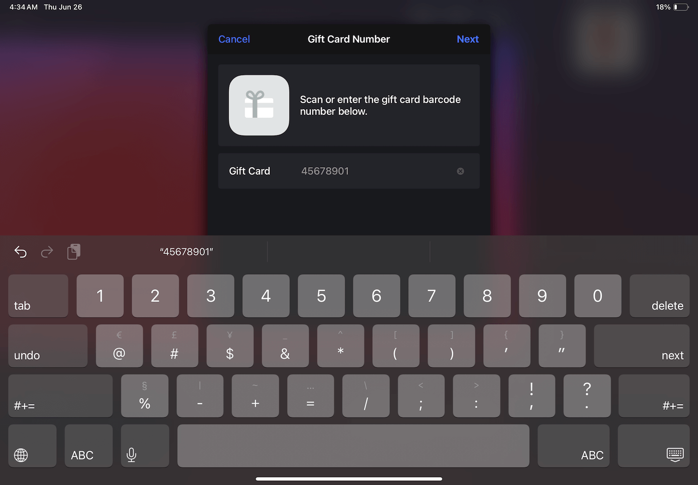 Gift Card Number pop-up to scan or enter gift card barcode.