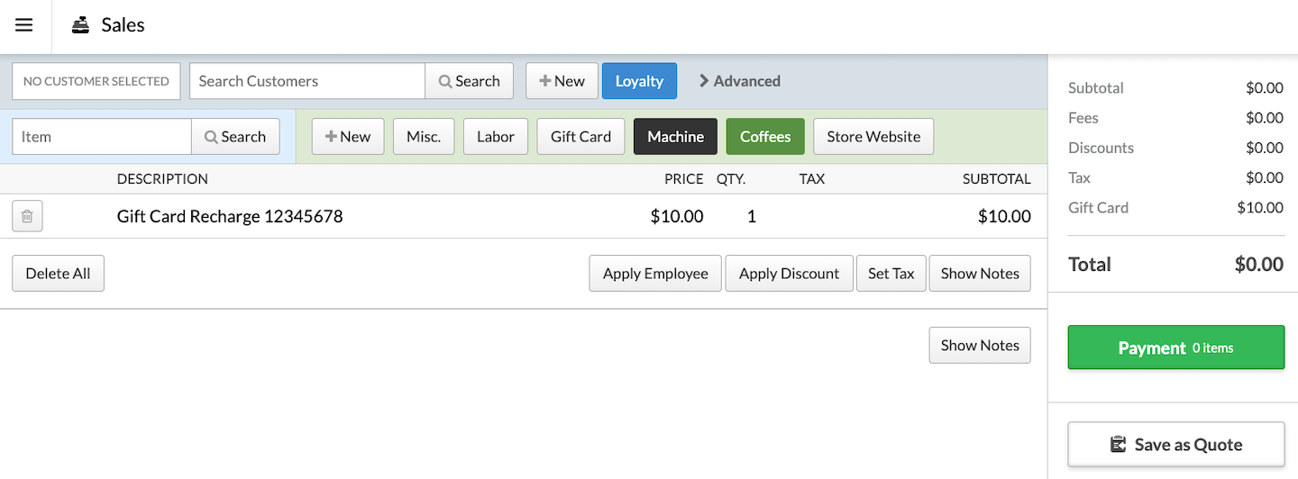 Sale showing Gift Card Recharge.